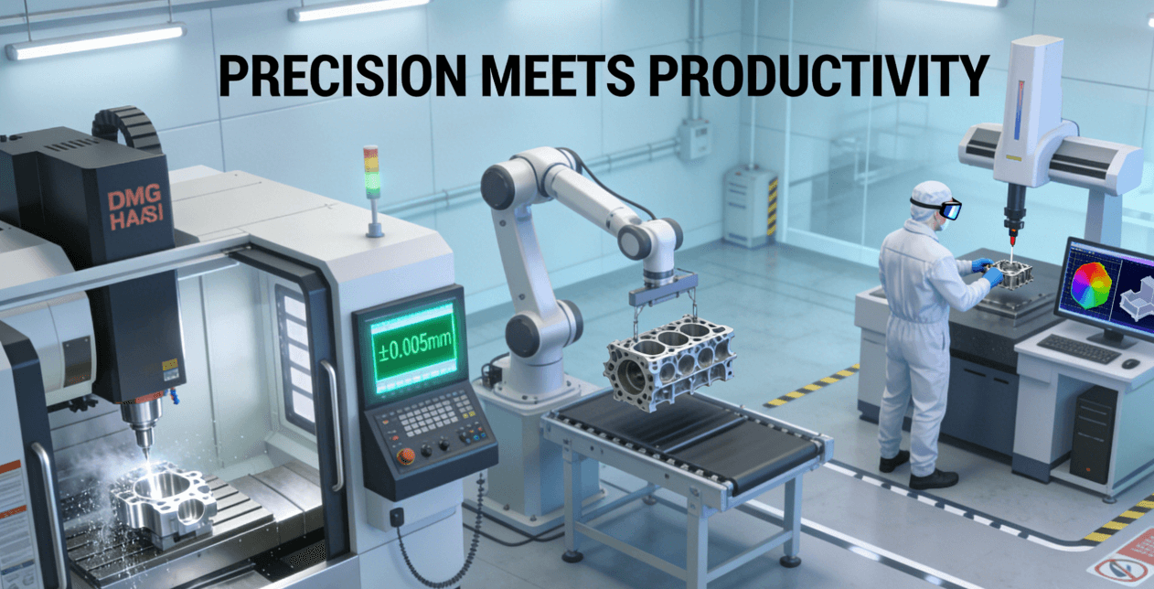 Isometric view of a modern precision machining workshop: A 5-axis CNC mill machines a part, a robotic arm handles a finished component, and a quality inspector uses a CMM. Text reads “Precision Meets Productivity - Systematic CNC Milling Solution