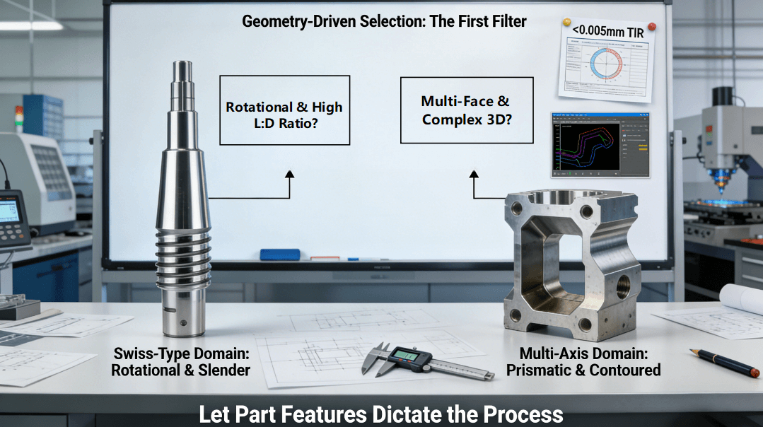 A side-by-side comparison of a slender, rotationally symmetrical part (ideal for Swiss-type CNC) and a complex, prismatic part (ideal for Multi-Axis CNC) on an engineering desk, with a decision flowchart on a whiteboard in the background highlighting the geometry-based selection logic.