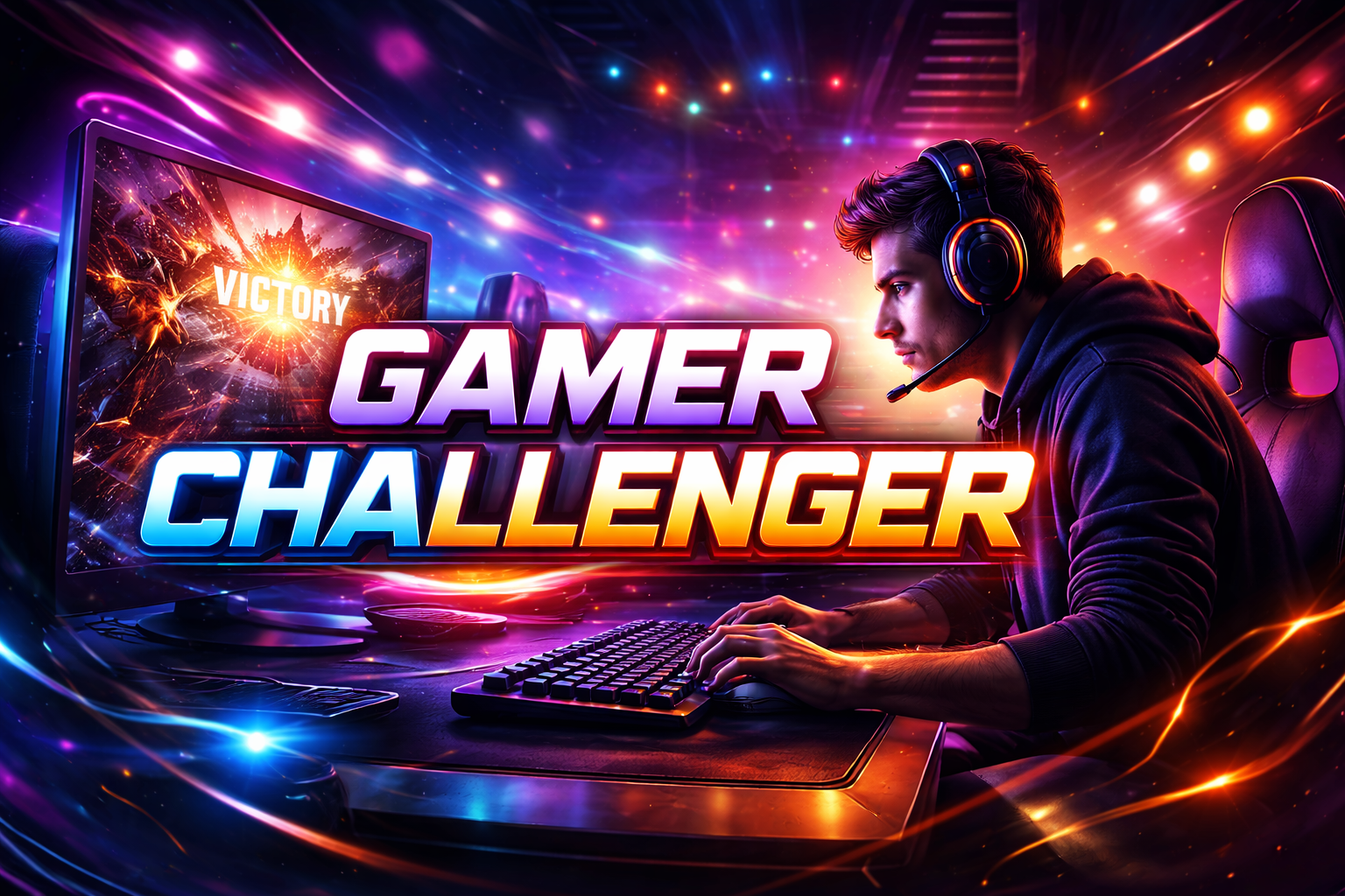 Focused professional gamer playing at an RGB-lit setup with headset and keyboard, representing the concept of a Gamer Challenger
